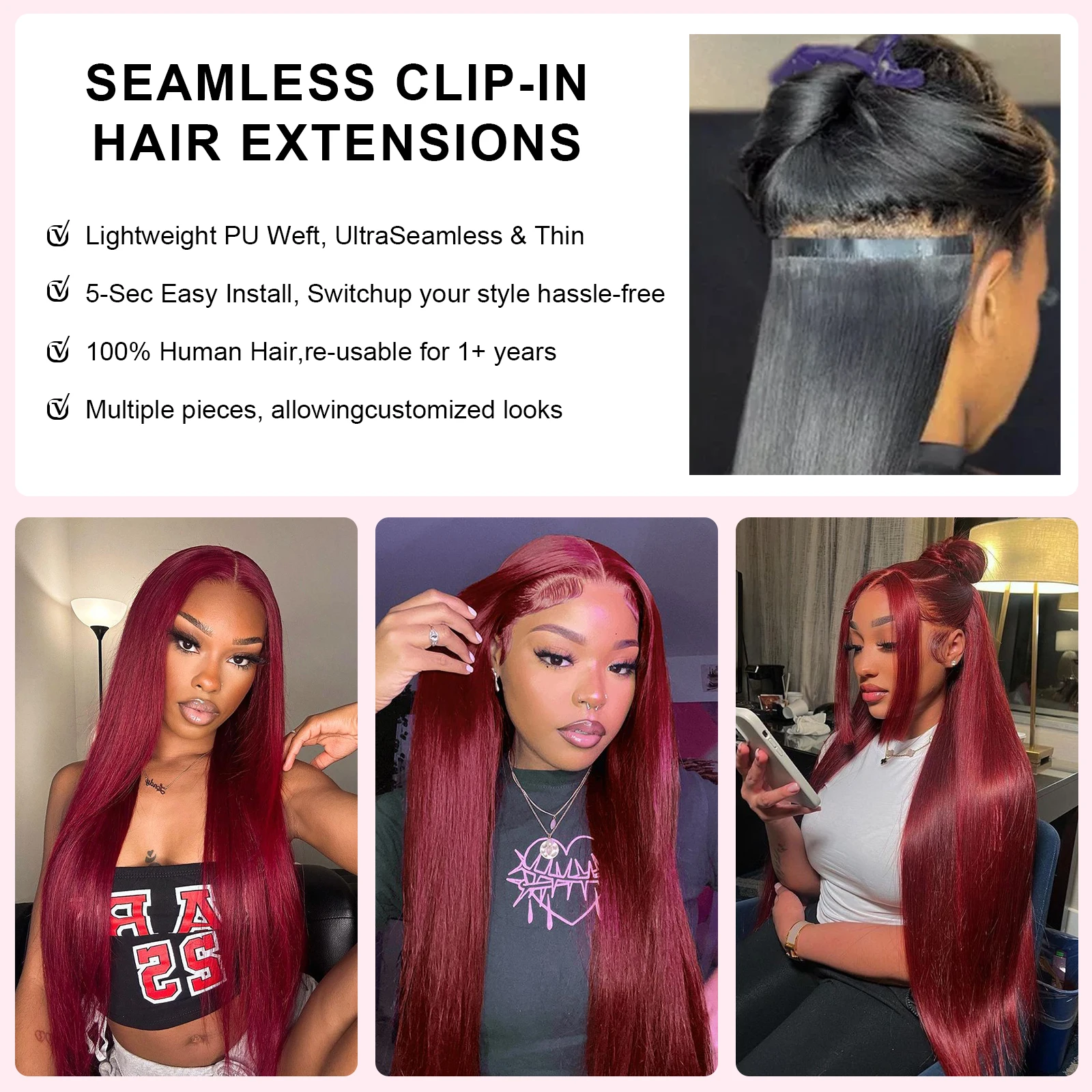 99J Burgundy Clip In Human Hair Extensions Real 100% Natural Remy Burgundy Wine Red Color 16A Full Head Clip-On For Black Women