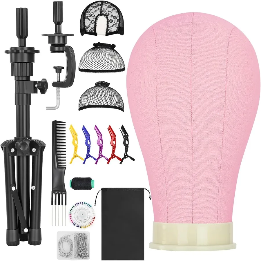 

Регулируемый штатив для парика высотой 22 дюйма с 30-дюймовым основанием и розовой холщовой головкой манекена для демонстрации укладки волос и ма