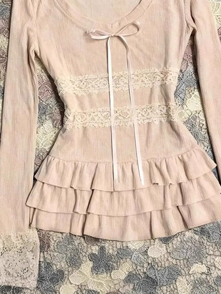 Pure Desire Lace Splice Long Sve T-irt Women's Autumn Sweet Waist Cinching Slimming Base Layer irt Top