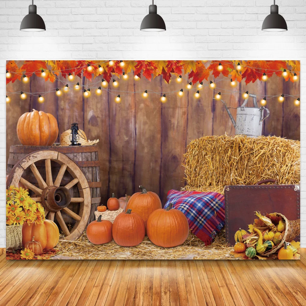Light Polka Dots Bokeh autunno Harvest Scene Photography sfondo zucca pagliaio foglia d'acero foto sfondo per neonato