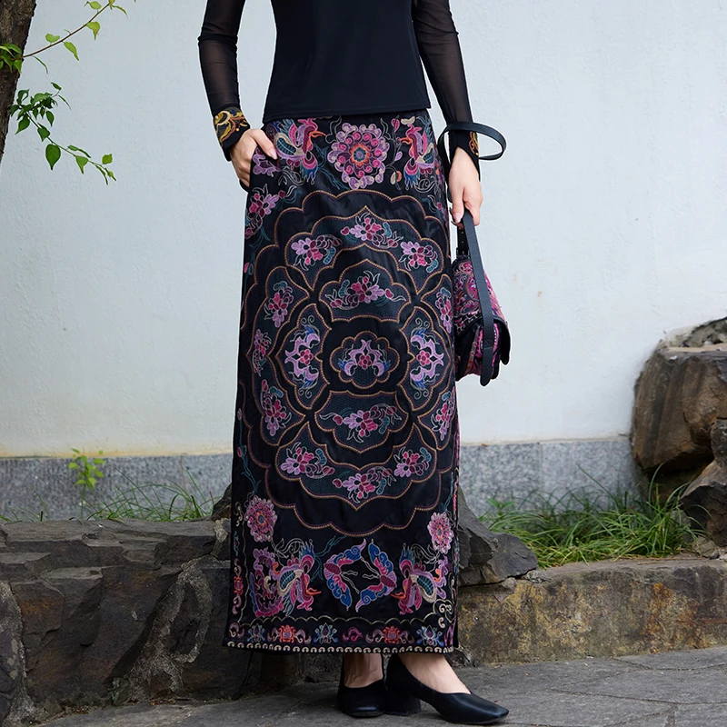 New Heavy Embroidery Elastic Waist Midi Skirt Slimming Versatile Casual Vintage Half-length Skirt for Women A-line Skirt