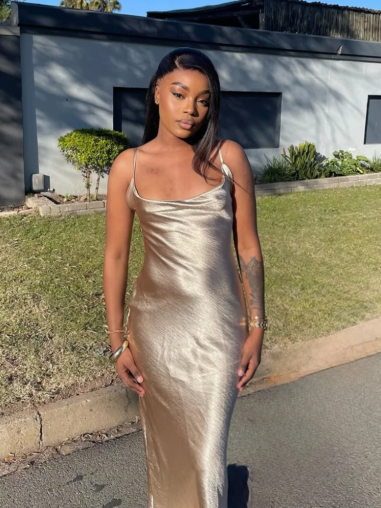 Sólido cetim estilingue maxi vestidos femininos moda elegante sem mangas fora do ombro sem costas vestidos de cintura alta 2025 senhora roupões de festa
