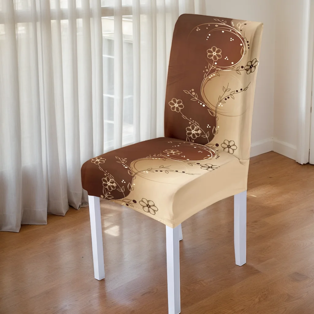 

4/6 шт. Элегантные коричнево-бежевые чехлы для обеденных стульев с цветочным принтом, эластичные, съемные, моющиеся
