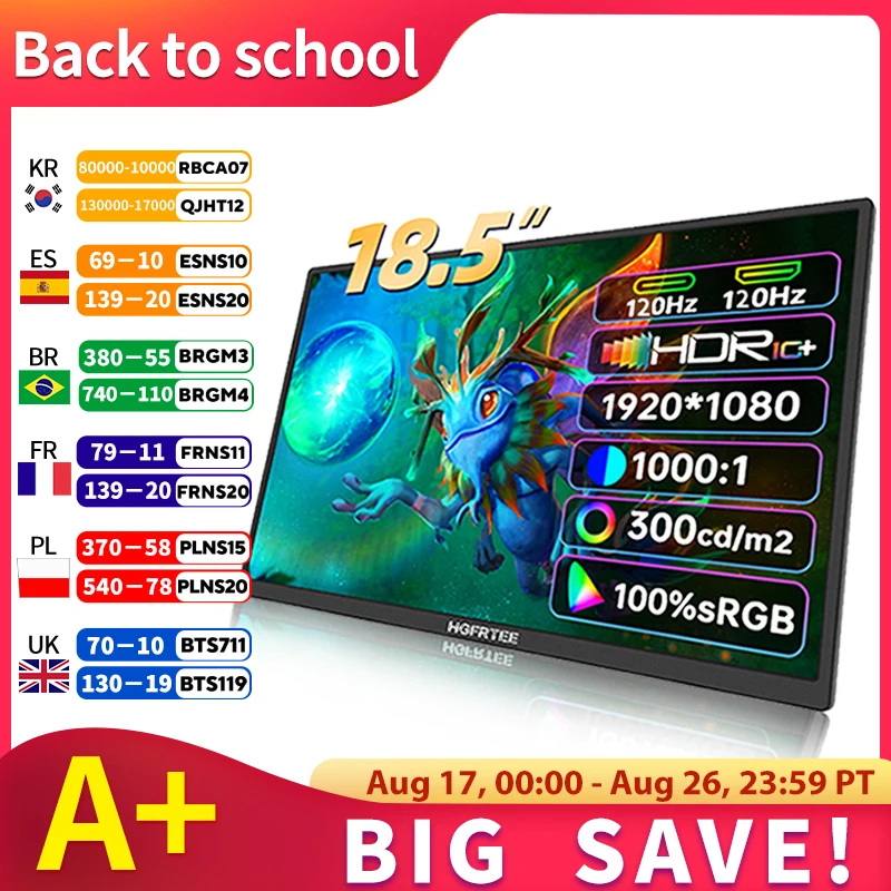 HGFRTEE 18.5인치 휴대용 모니터 ADS-IPS 120Hz RGB100% 확장 디스플레이 노트북 보조 화면 VESA 홀&스탠드 포함 썸네일 7