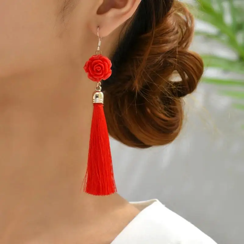 2pcs Chinese ethnic style long tassel red flower women's earrings, bride's wedding accessories