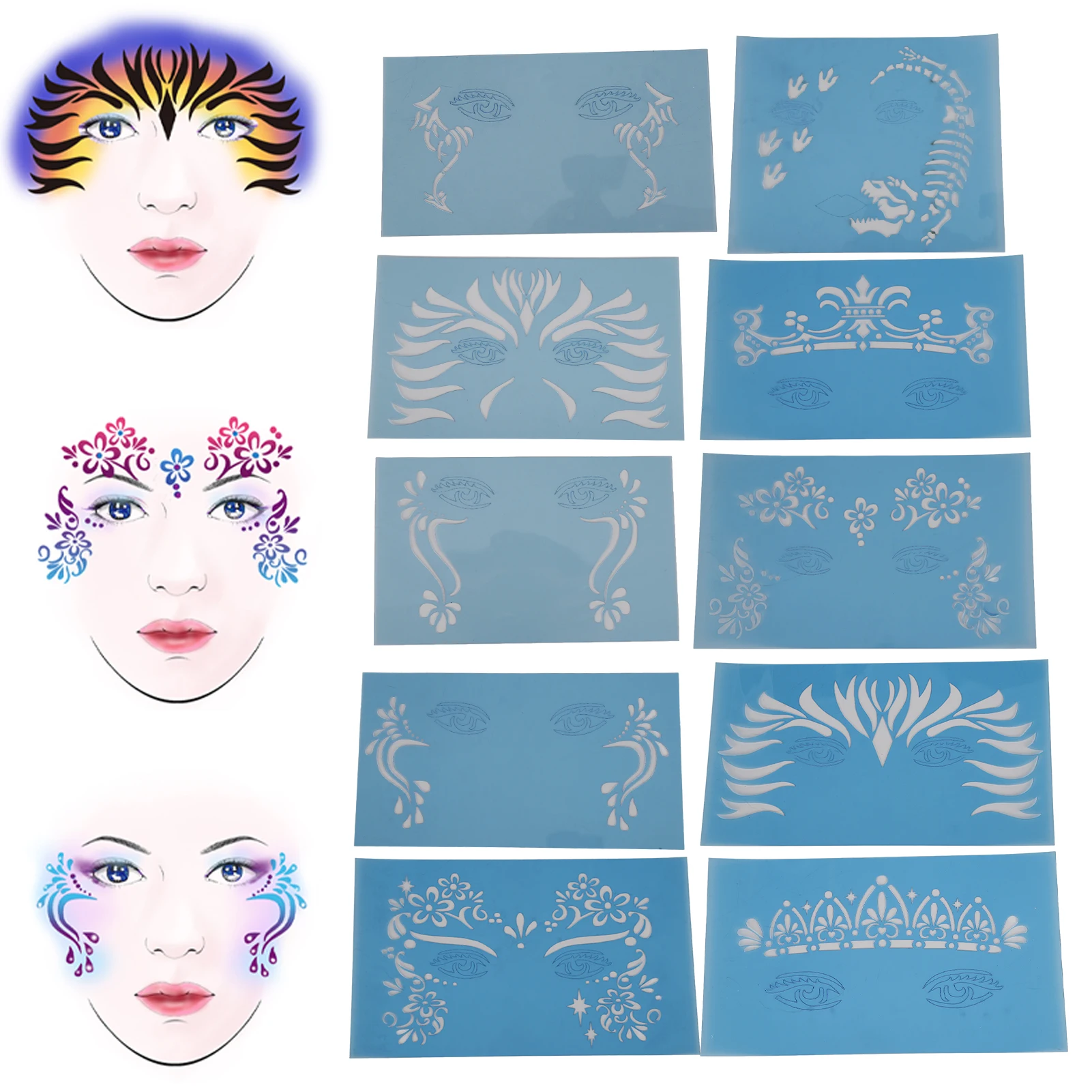 

10 Sheet Face Paint Stencil PET Holiday Halloween Makeup Face Paint Template for Stage Performance Face Stencil