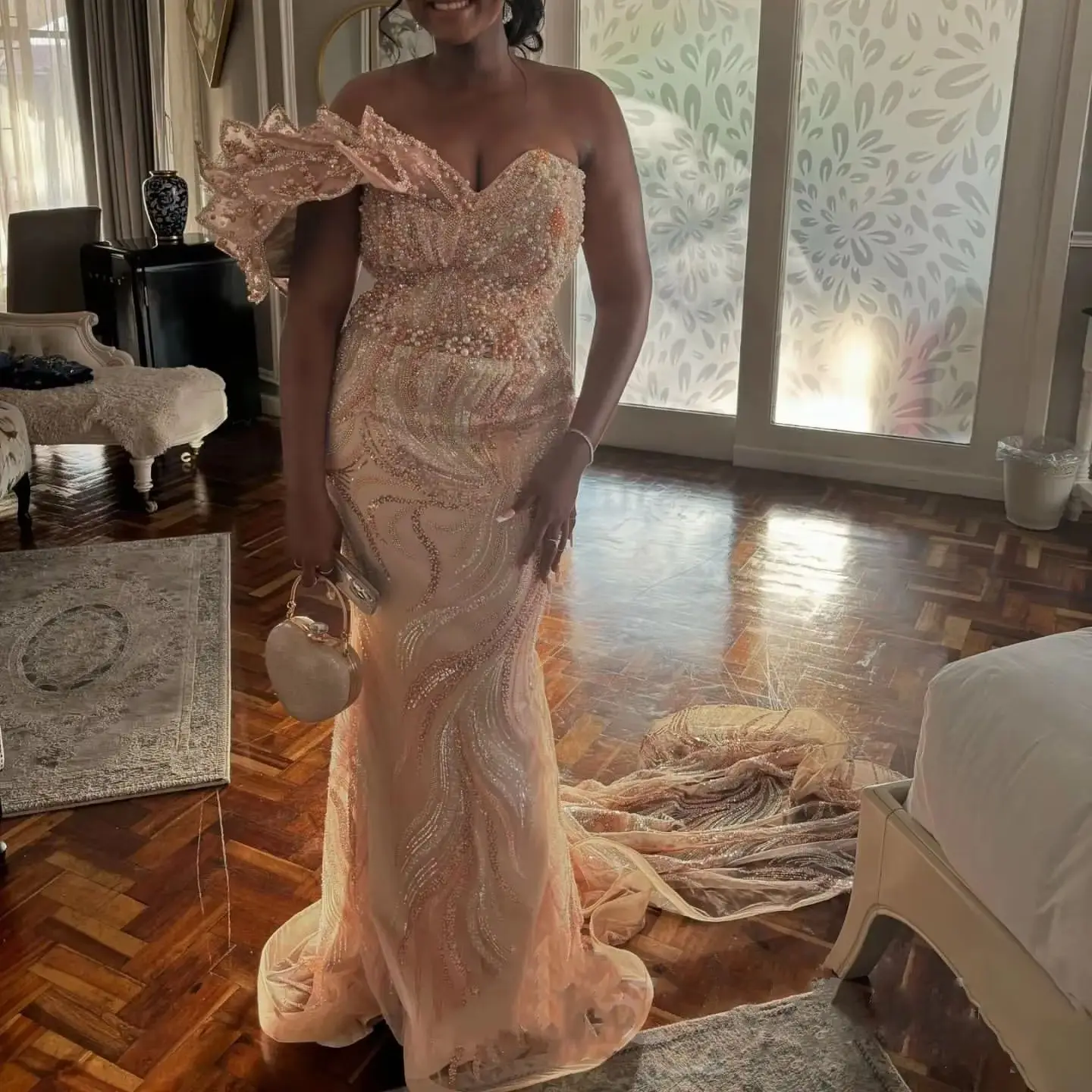 Champagne Mermaid Prom Dresses For Special Occasions Illusion Florals Sequined Lace Evening Formal Party Reception Birthday Enga