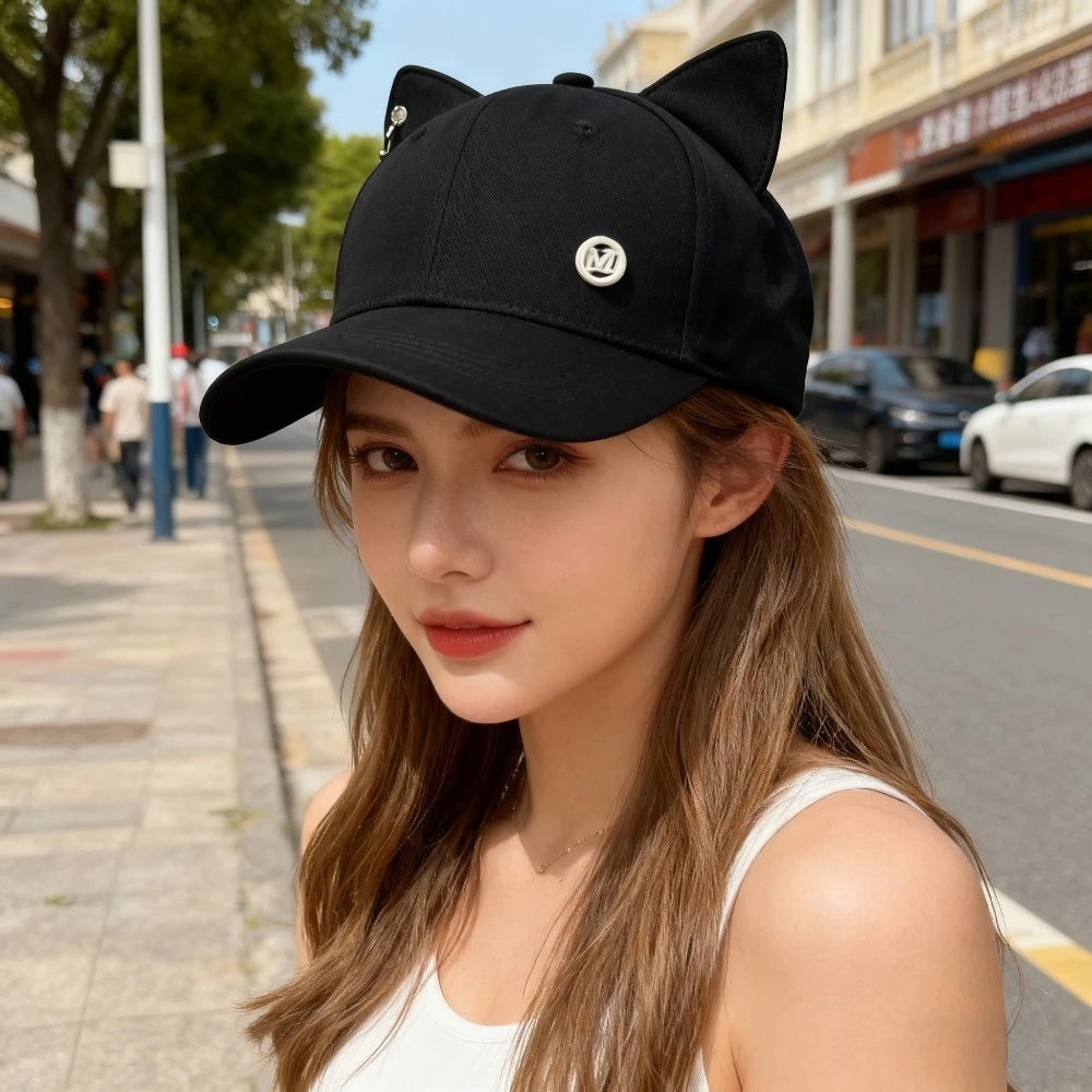 

High Quality Cotton Baseball Cap for Women Ponytail Friendly Hard Top with Ears Cute Outdoor Casual Dad Hat Trendy
