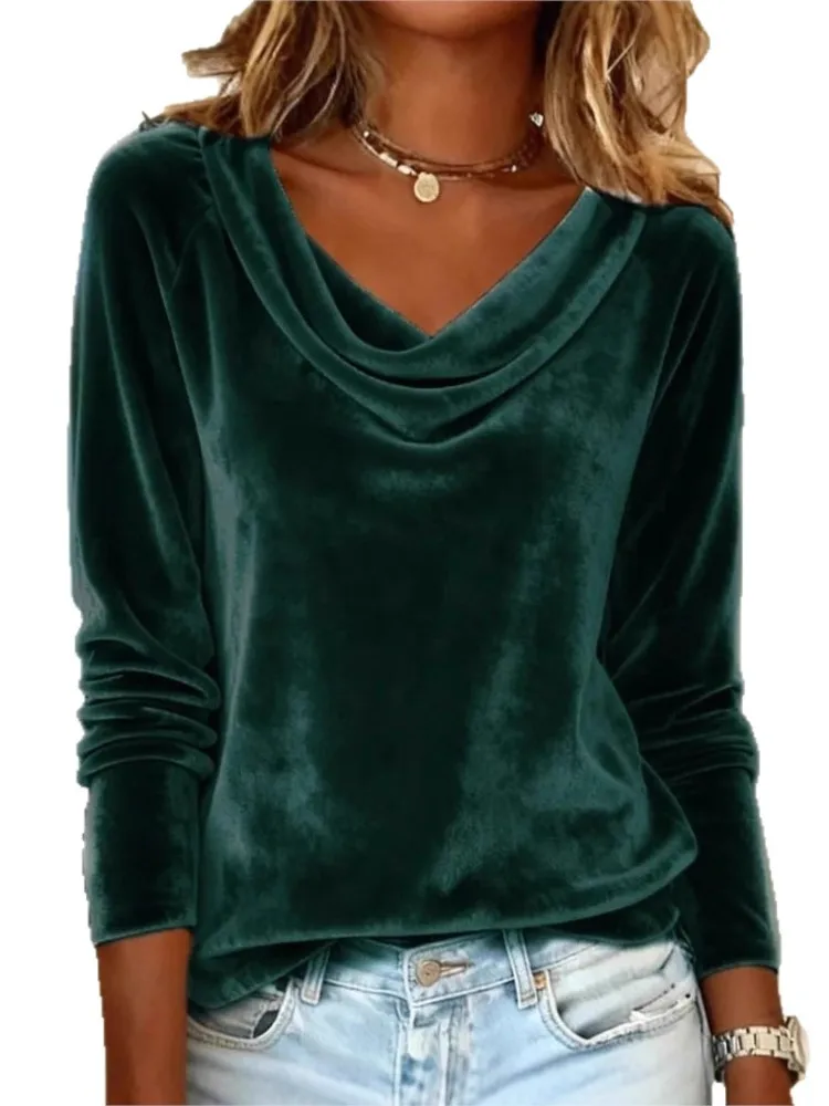 المرأة عادية الذهب المخملية قمة ربيع الخريف موضة الصلبة سوينغ طوق بأكمام طويلة بلوزات فضفاضة اليومية تنوعا السيدات البلوزات #5