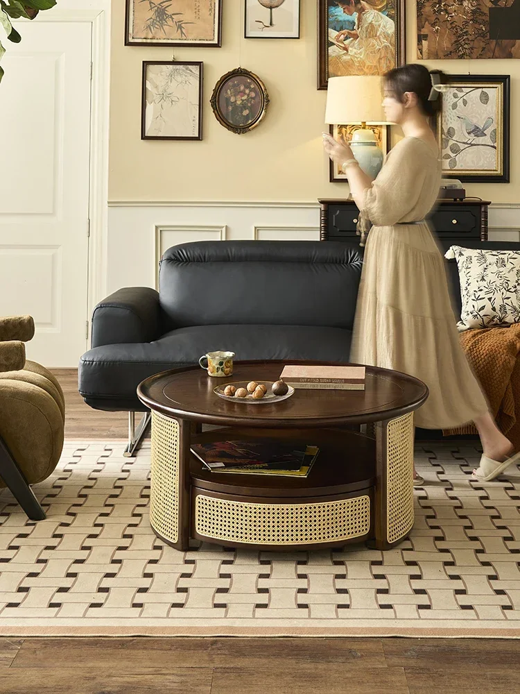 Rattan round coffee table small apartment household retro high-end solid wood small tea table with drawers artistic low table