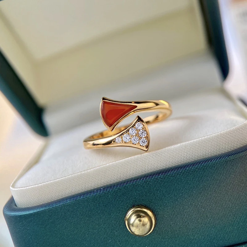 Rose gold inlaid with natural stone fan-shaped skirt zircon ring Women's personalized fashion luxury brand party Fine jewelry