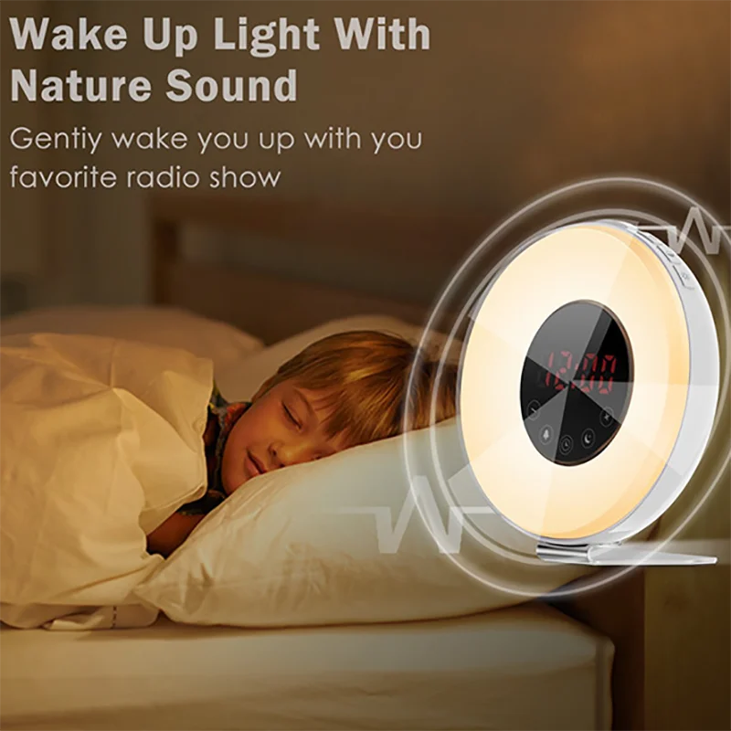 Wake Up Light Alarm Clock Sunrise/Sunset Simulation Digital Clock with FM Radio 7 Colors Light Sounds Function Touch Control