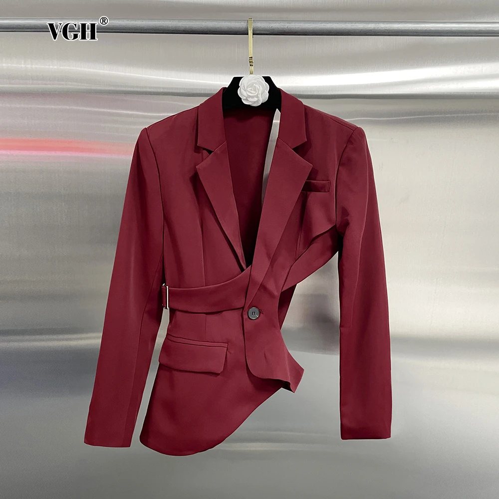 VGH Solid Slimming Spliced Hollow Out Blazer for Women Notched Long Sleeves Patchwork Button Elegant Coat Female Clothing New