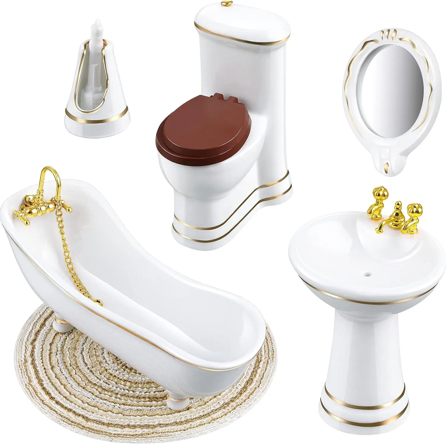 

1:12 Dollhouse Bathroom Set with Mini Bathtub, Toilet, Sink, Mirror, Brush Holder, Carpet