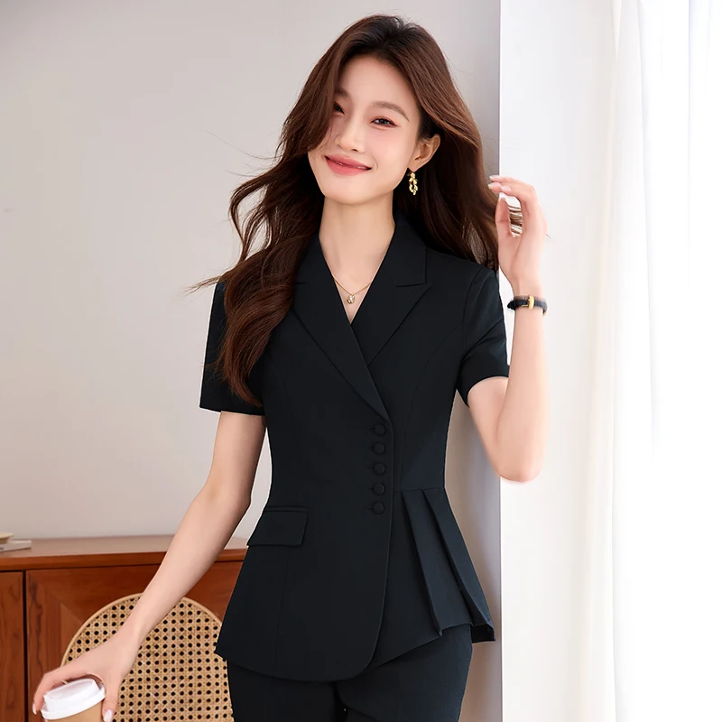 NAVIU Casual Kurzarm Blazer und Hosen Zwei Stück Sets Für Frauen Neue Feste Kragen Schlank Single Button Hose Anzüge Mode
