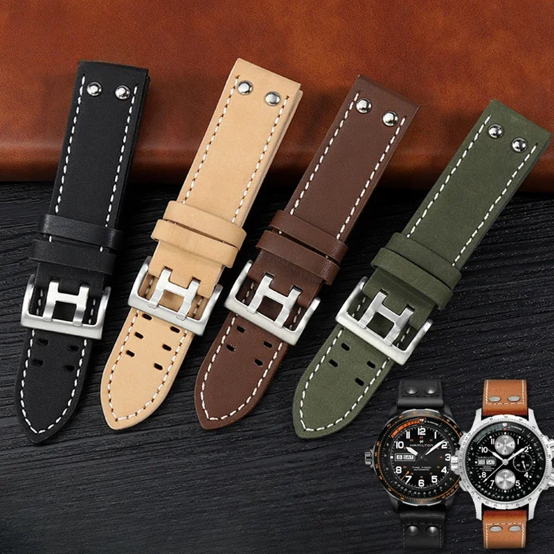 Cowhide Leather Soft Wear-Resistant Accessories for Hamilton H760250 Khaki Aviation Field 20 22mm Men's Replace Watchband