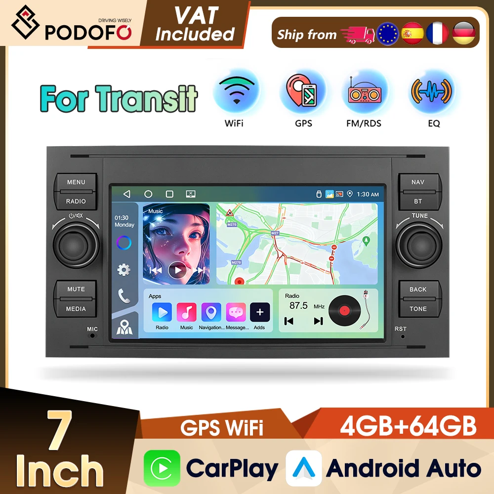 Podofo 4+64G Android Autoradio für Ford Focus Mondeo Fiesta Transit Kuga C-Max S-Max Galaxy GPS Auto-Multimedia-Player 2din CarPlay Autoradio