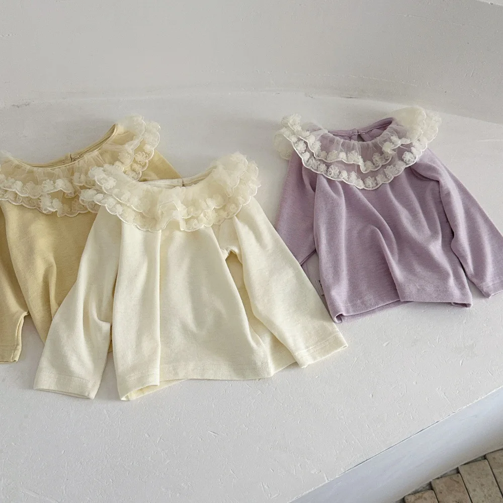 Autumn Baby Shirt 6M-3T Solid Color Lace Boy Clothing Comfortable Blouse for Girls Toddler Bottoming Shirt Infant Undershirt