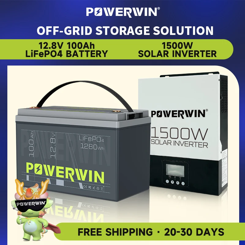 

POWERWIN BT100 LifePO4 12V 100Ah/1280Wh HI1500 1500W 12V Hybrid Solar Inverter Pure Sine Wave 80A MPPT Off-grid LCD 12V Battery