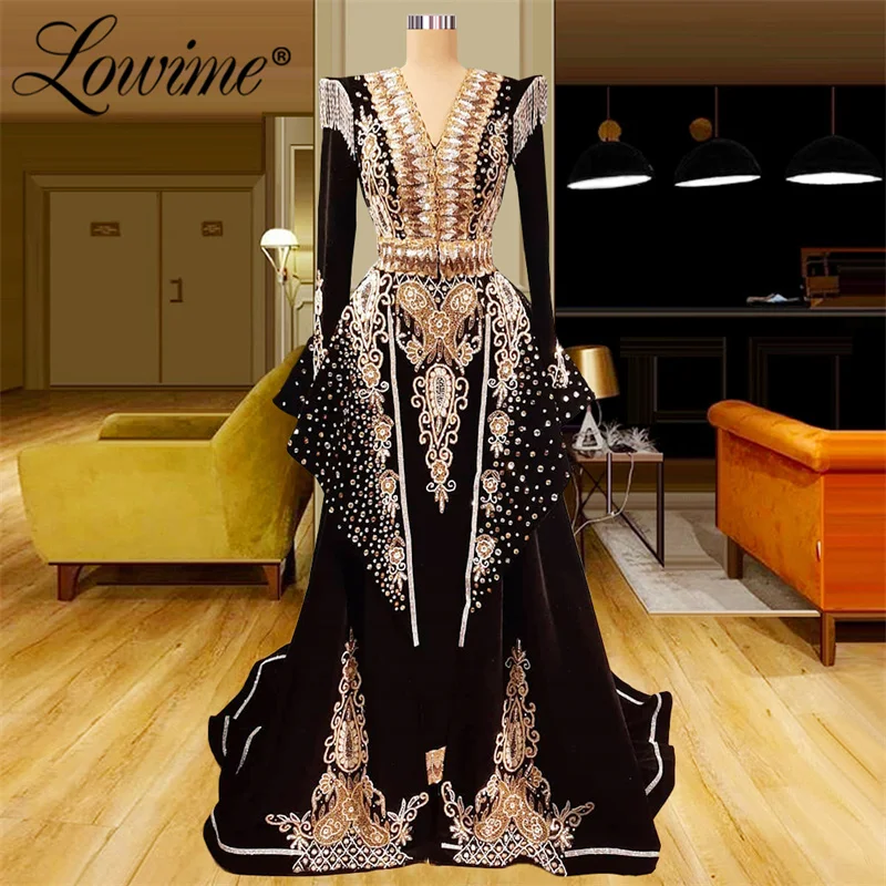 

Lowime 2022 Couture Black Party Dresses Women Evening Gowns Middle East Dubai Arabic Long Sleeves Tassel Beaded Celebrity Dress