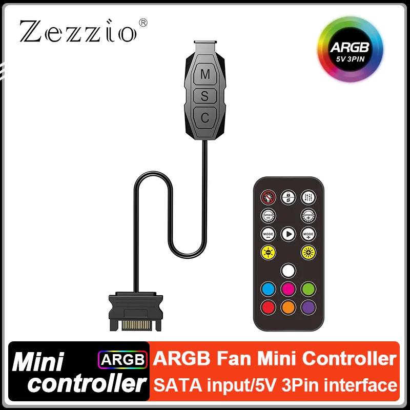 ZEZZIO ARGB Fan MINI Controller 5V 3PIN Interface SATA Input Computer Case Fan Adapter Extend Cable With Remote Control