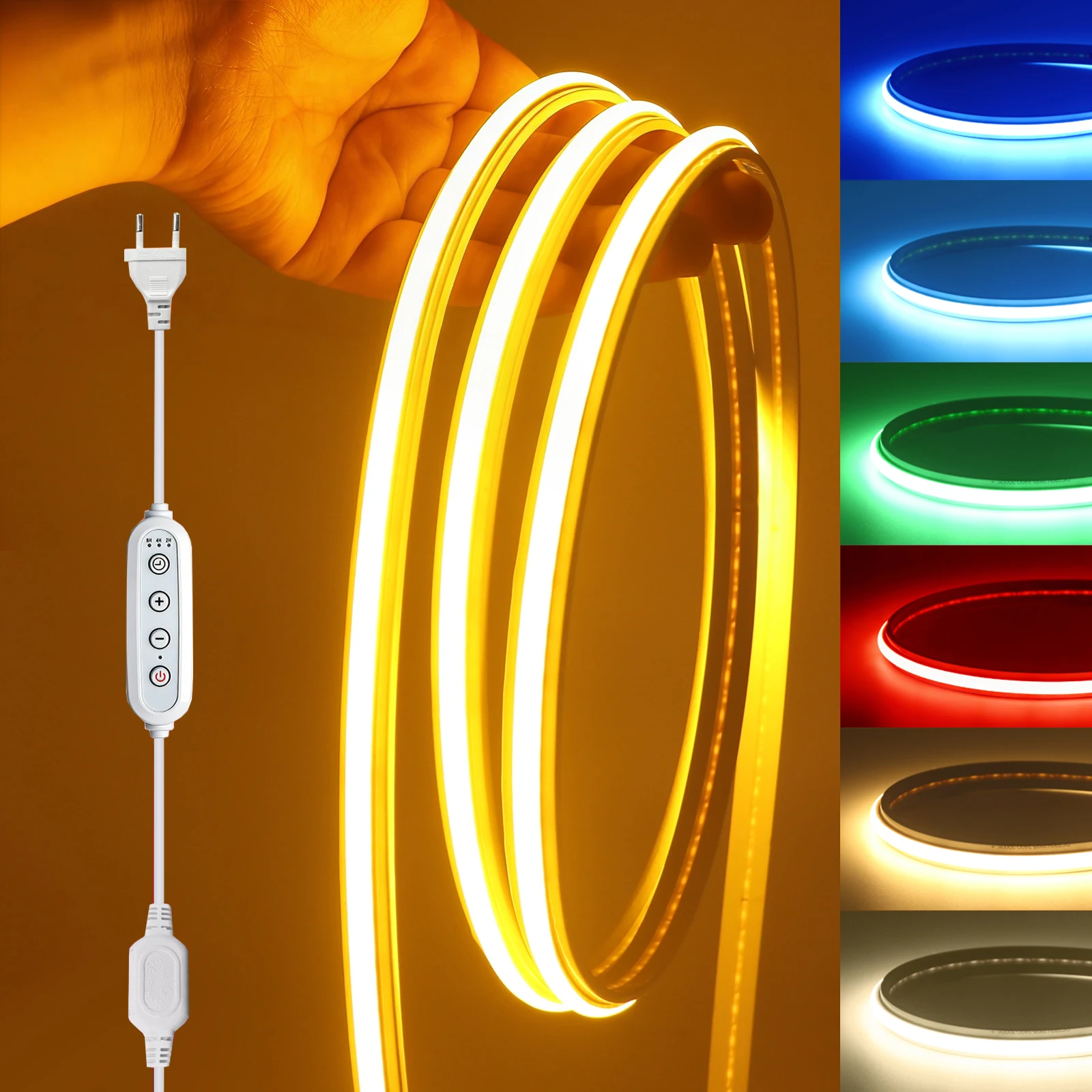 

220V COB LED Neon Strip Light With Dimmer EU Power Kit Waterproof Flexible Ribbon Lamp Red/Blue/Green/White Room Garden Decor