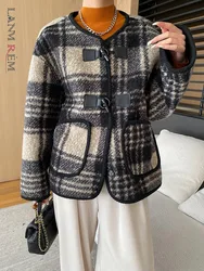 [LANMREM] Vintage Plaid Contrast Color Wool Coat For Womrn Round Neck Single Breasted Thick Jackets 2024 Winter New 26C188