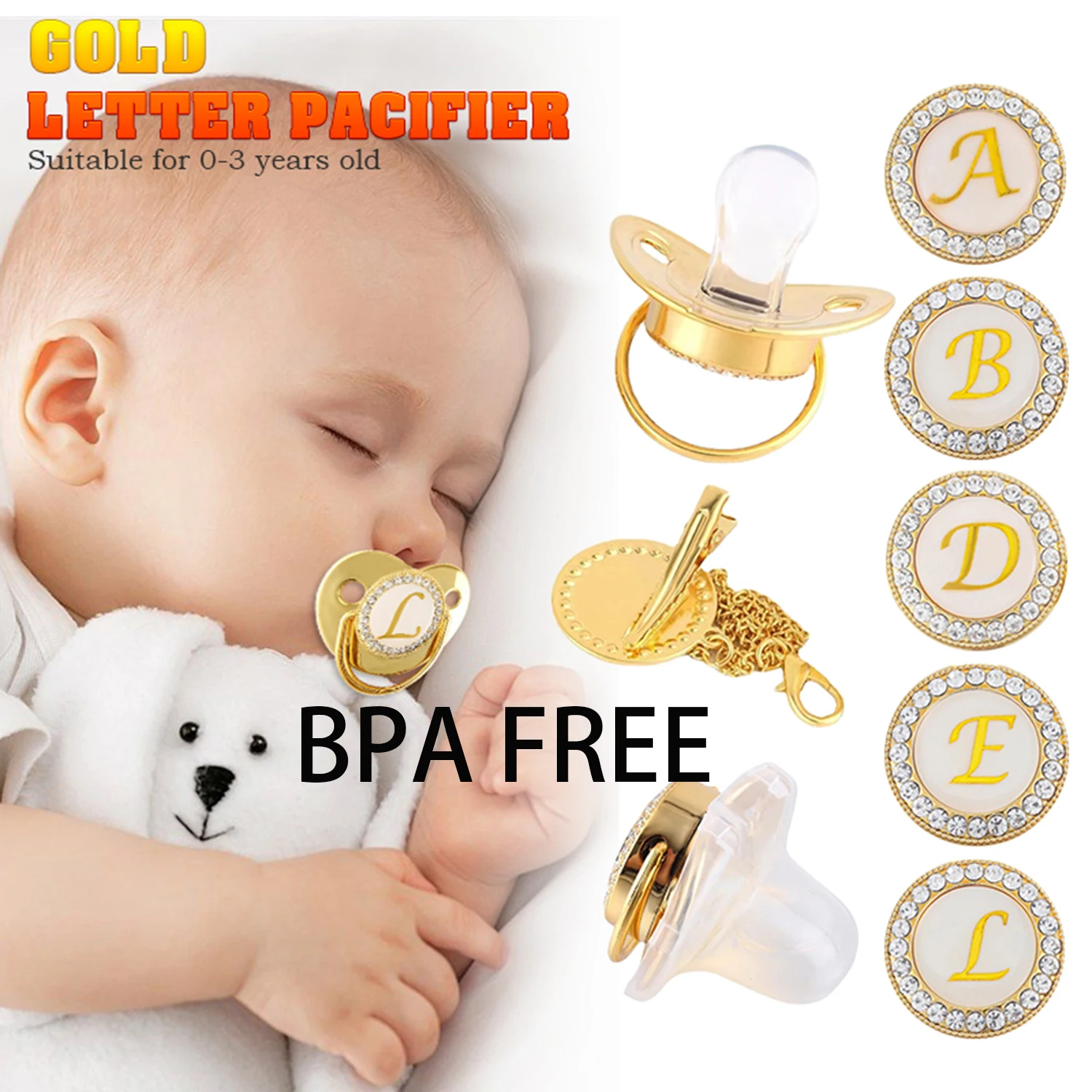 Luxury first letter pacifier designed for 0-3 year old teething babies, 26 letters optional, with dust cover fasteners, BPA free