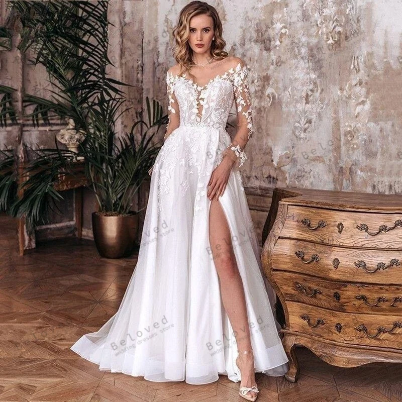 Vestidos de noiva com apliques de renda, fenda alta, vestes sem costas para festa formal, vestidos de casamento vintage sexy, 2024