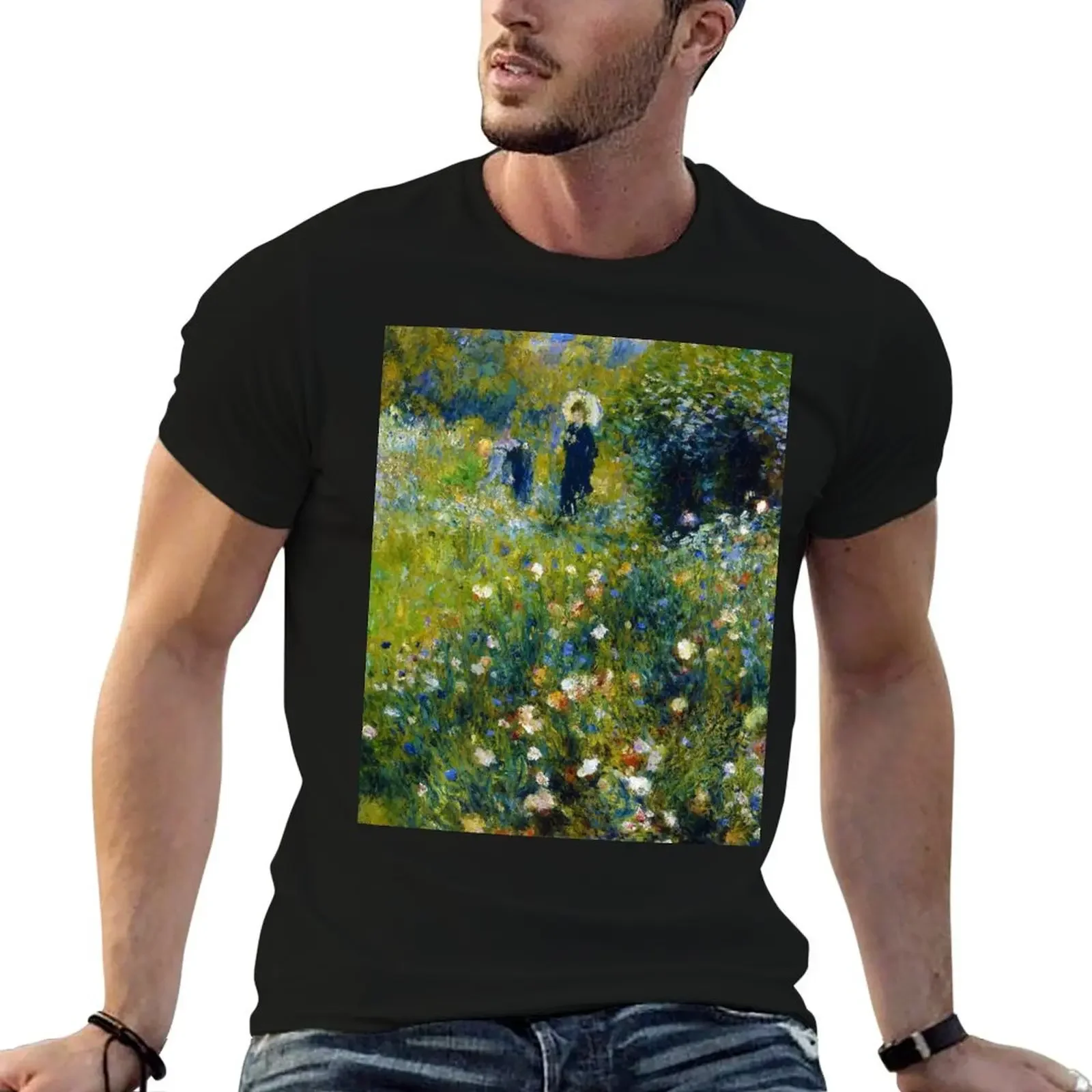 Pierre-Auguste Renoir Femme avec parasol dans un jardin T-Shirt baggy shirts summer top mens t shirts top quality