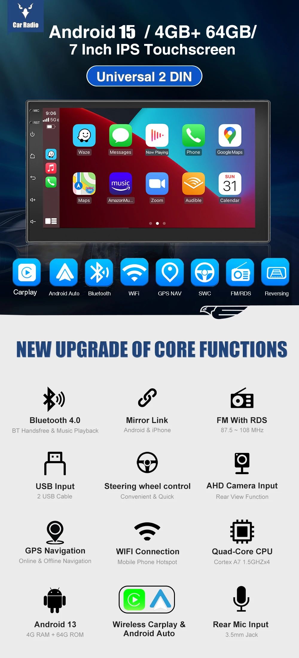 MOPECT 7 Zoll Universal Auto-Stereoanlage Doppel-DIN Android 15 CarPlay 4+64G GPS-Navigation Touchscreen Bluetooth AM/FM SWC+DAB&AHD – Detail 3