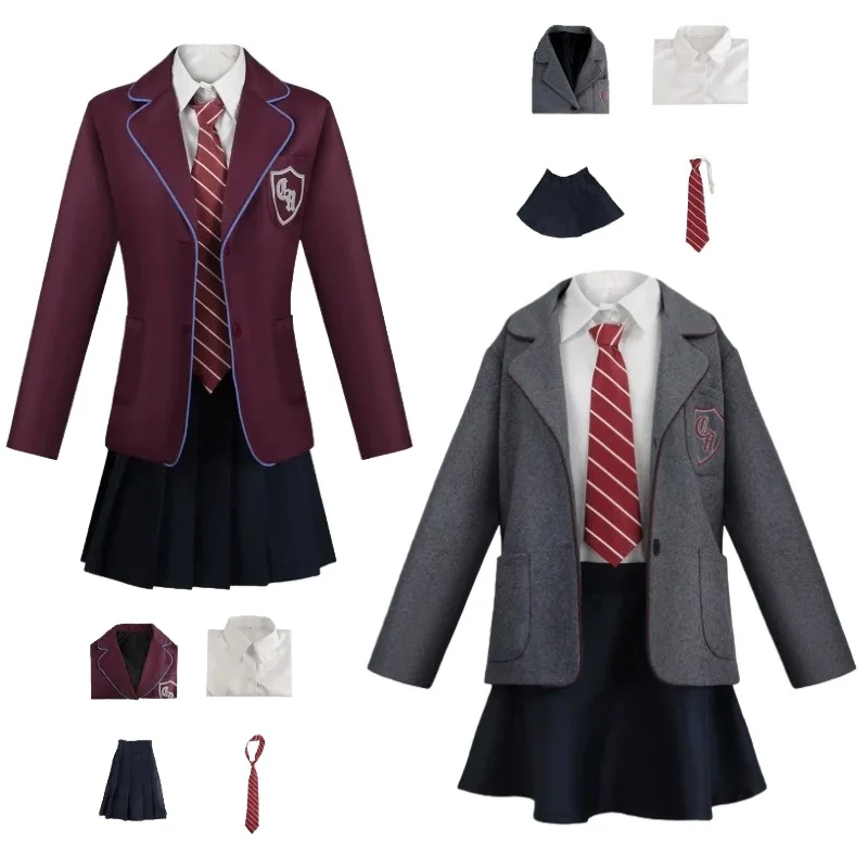 

Women Girls Cosplay Costume Grey Purple School Uniform Coat Shirt Skirt Suit for Halloween Carnival Party Roleplay Outfits