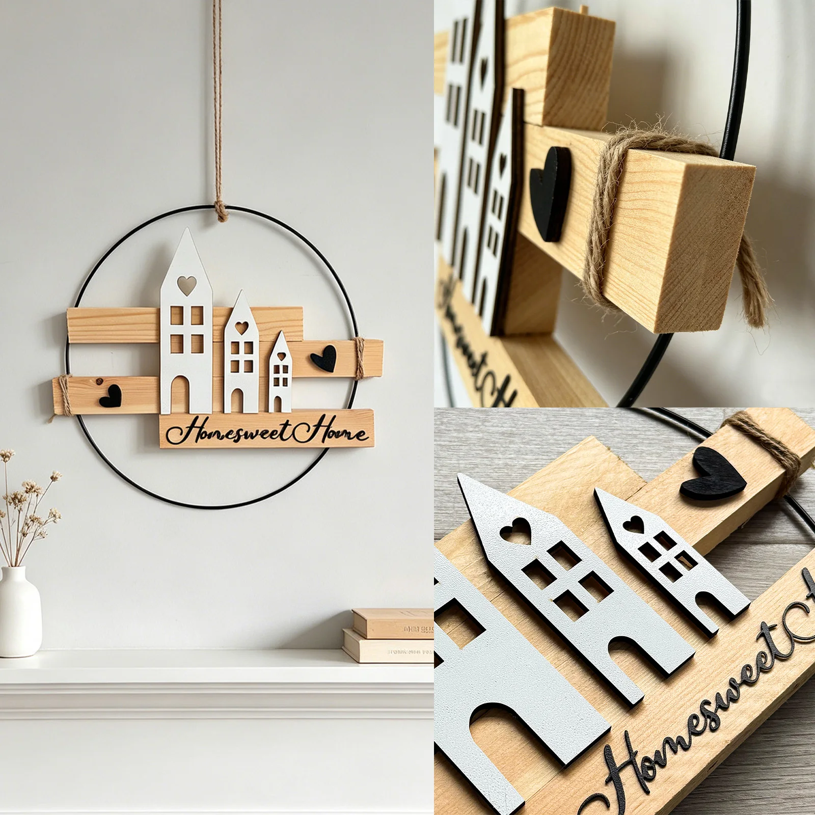 Rustic Wooden Home Sweet Home Wall Hanging Sign Home Decorative Ornament with Mini Houses Hearts for Living Room Bedroom