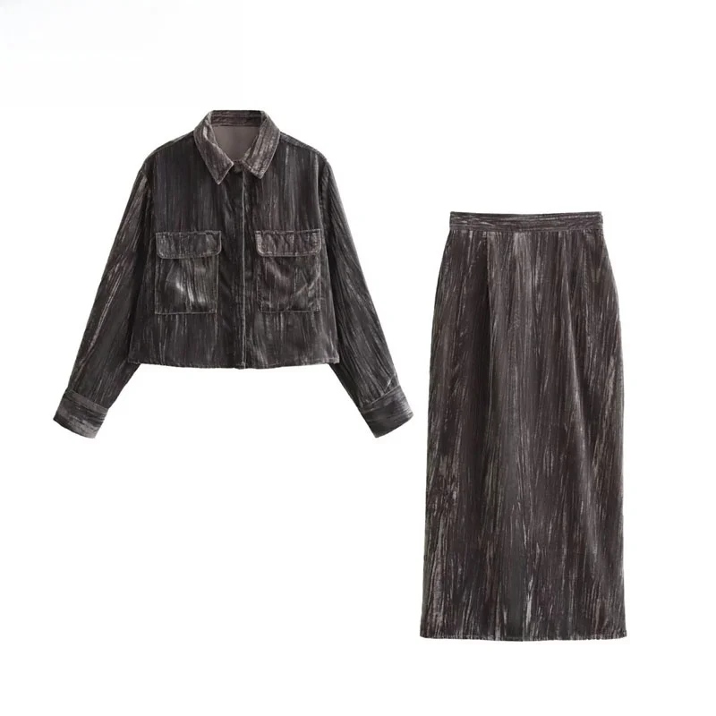 

Осень 2023, женский комплект с бархатной юбкой и длинным светом, теплый модный костюм из двух предметов для взрослых