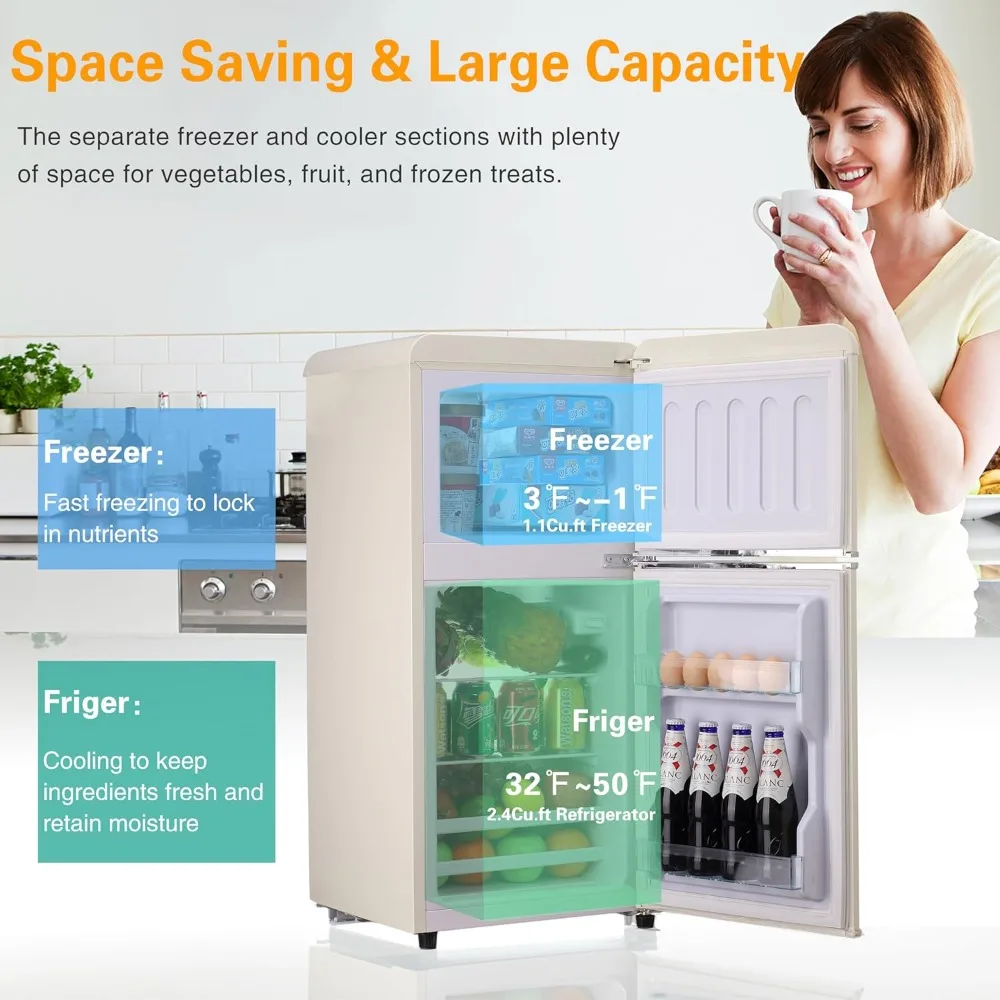 Mini Fridge with Freezer 3.5 Cu Ft 2 Door Compact Refrigerator for Apartment, Dorm, Office, Family, Basement