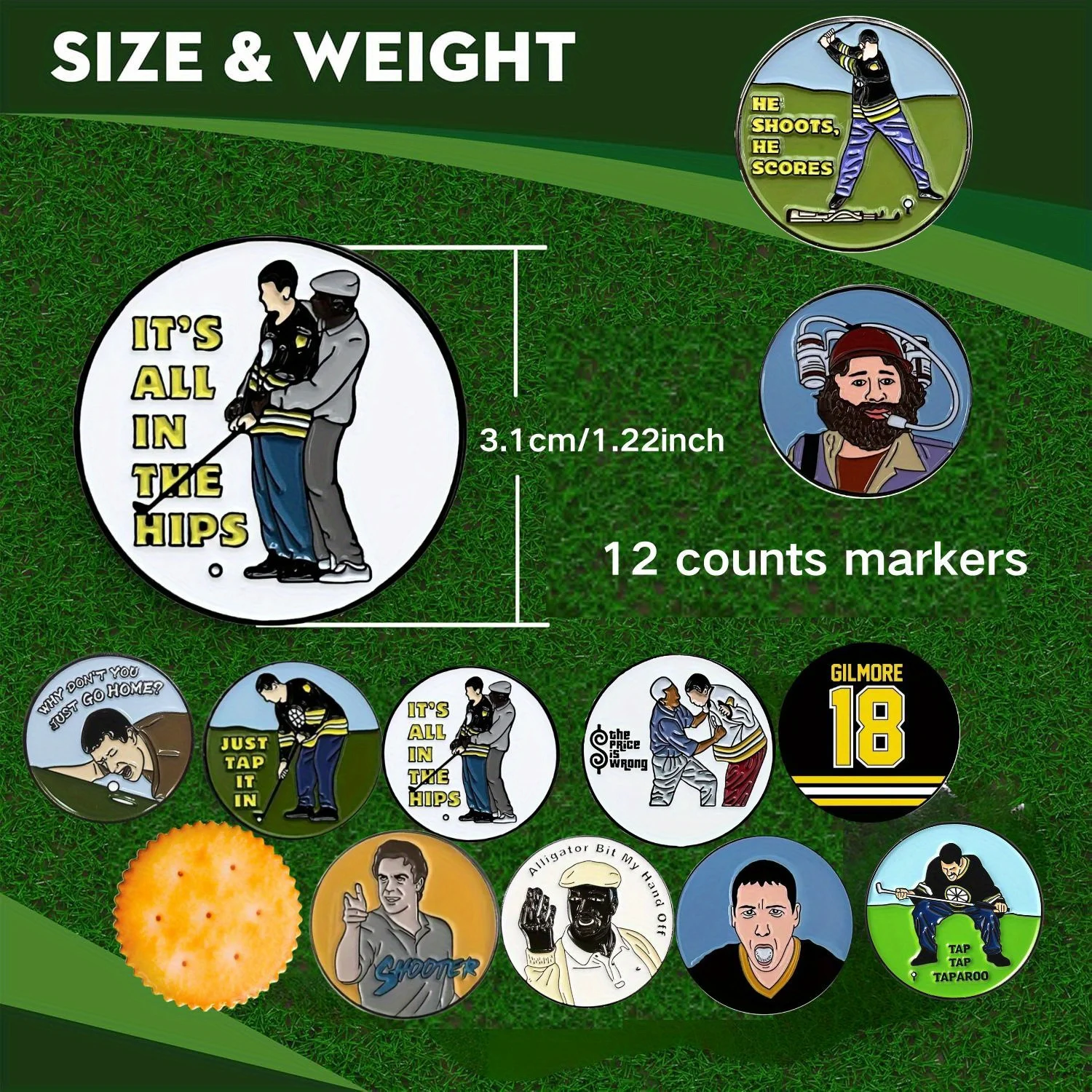 12-teiliges lustiges Happy Gilmore Golfballmarker-Set mit 12 verschiedenen Mustern und Stilen, Golfzubehör für Männer, Golfer, Väter, Freund – Detail 5