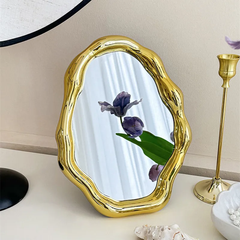 

CuteLife Vintage Plastic Gold Decorative Mirrors Large Irregular Desktop Makeup Mirror Dressing Cosmetic Standing Hand Mirror