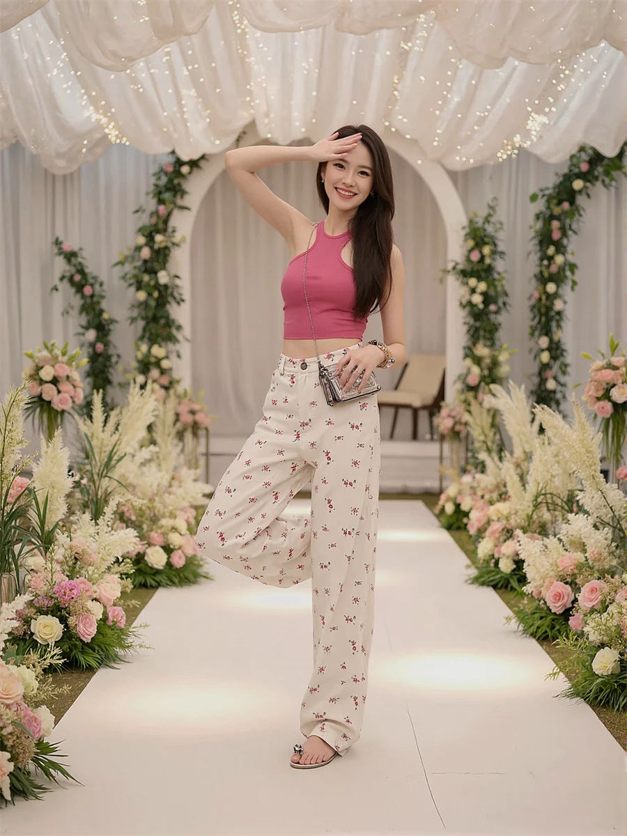 Sweet Floral High Waist Jeans Baggy For Woman Denim Pants Women Clothes Summer Lightweight Bootcut Beachwear Holiday Vacation BF