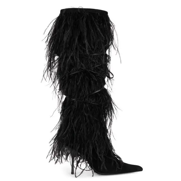 Light blue Suede ostrich Feather Covered Knee Boots Pointed Toe Stiletto high Heels black bandage Fur Long Boots