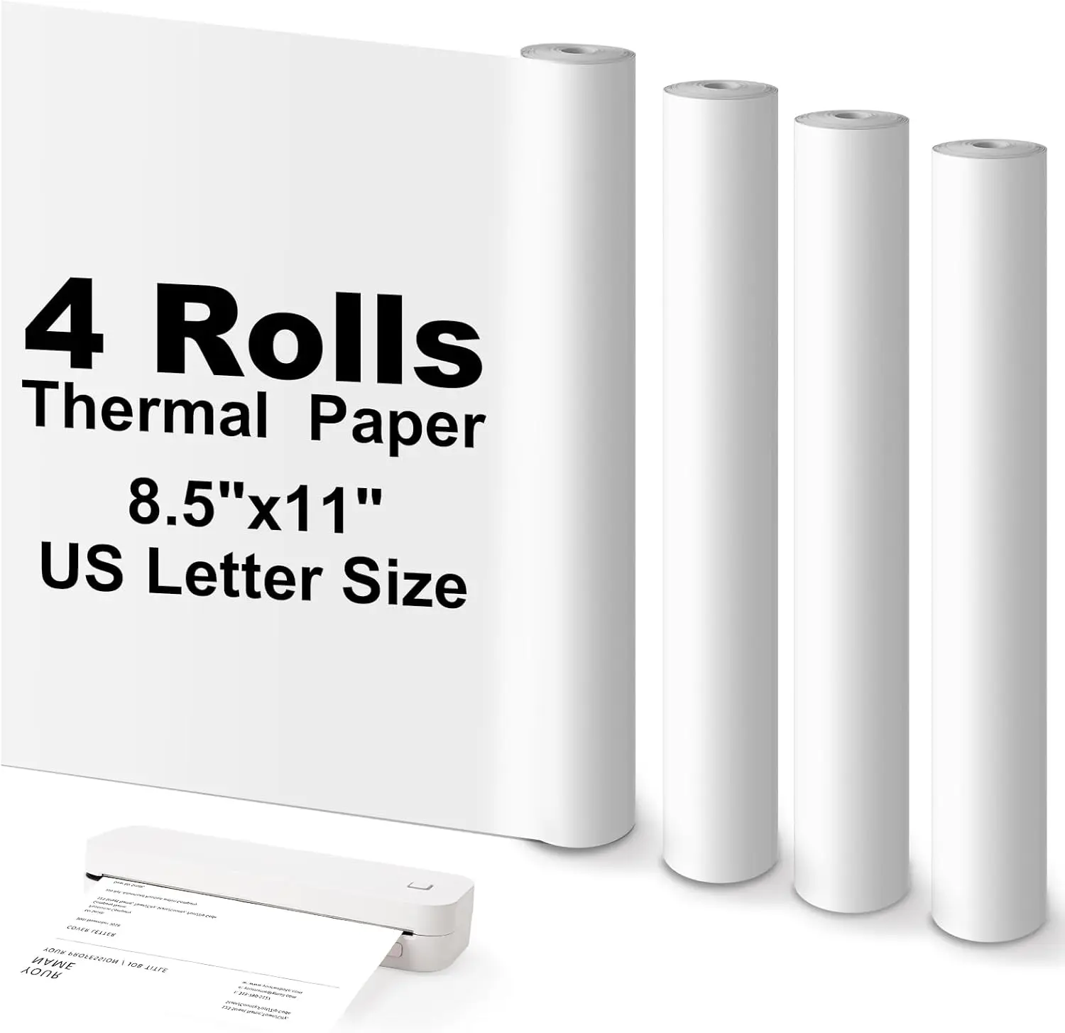 

8.5x11 US Letter Thermal Paper, 4 Rolls, BPA Free, Quick-Dry, Clear Print, Compatible with Portable Printers