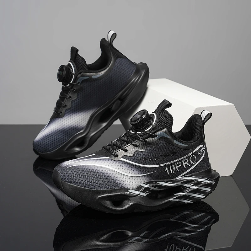 2026 New Kids Sneakers Boys Girls Lightweight Breathable Mesh Running Shoes Autumn School Sport Shoes Quick Lace Cushioned Black