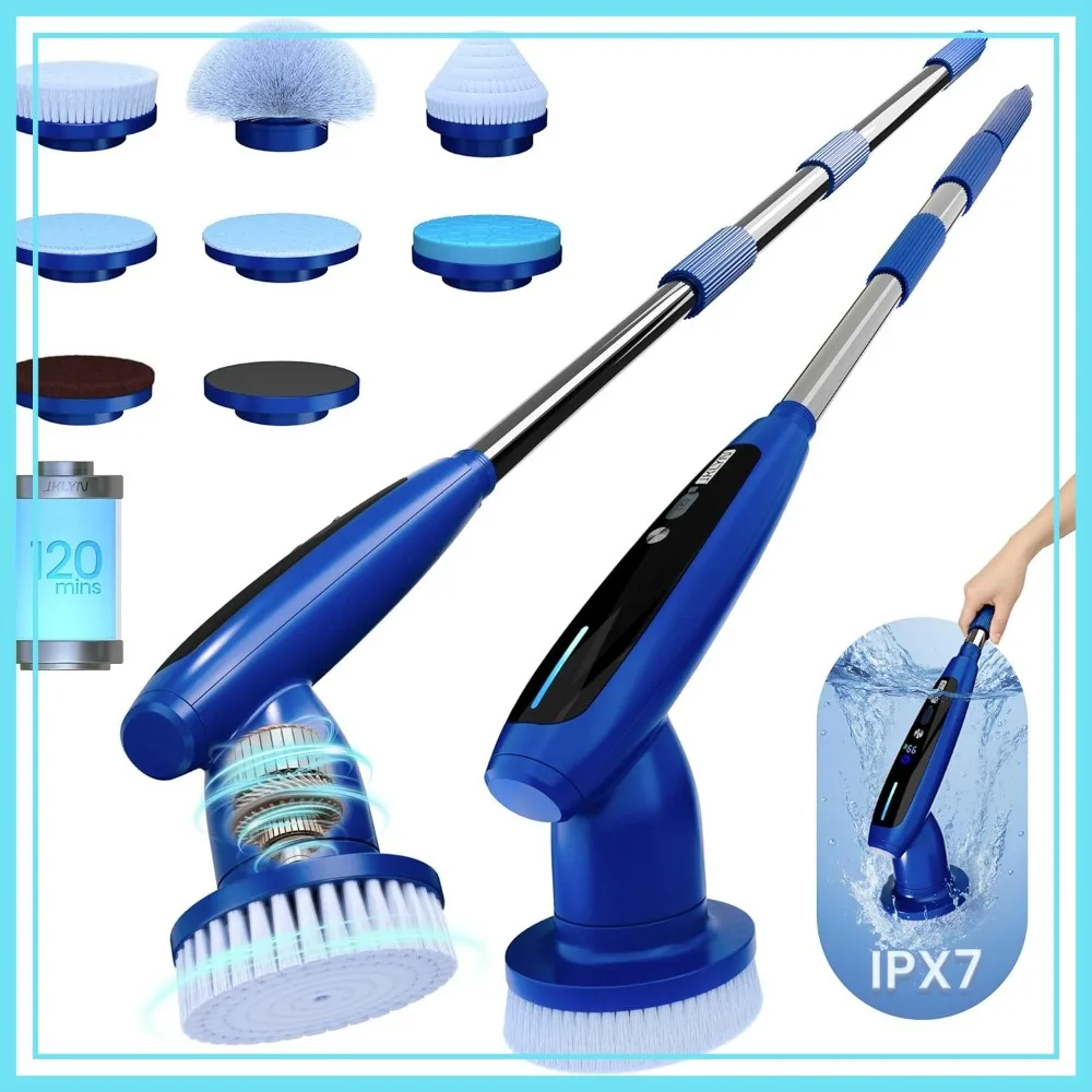

2026 Upgraded Electric Spin Scrubber: 120 Min Runtime, IPX7 Waterproof, Adjustable Handle, 8 Heads, 2 Speeds