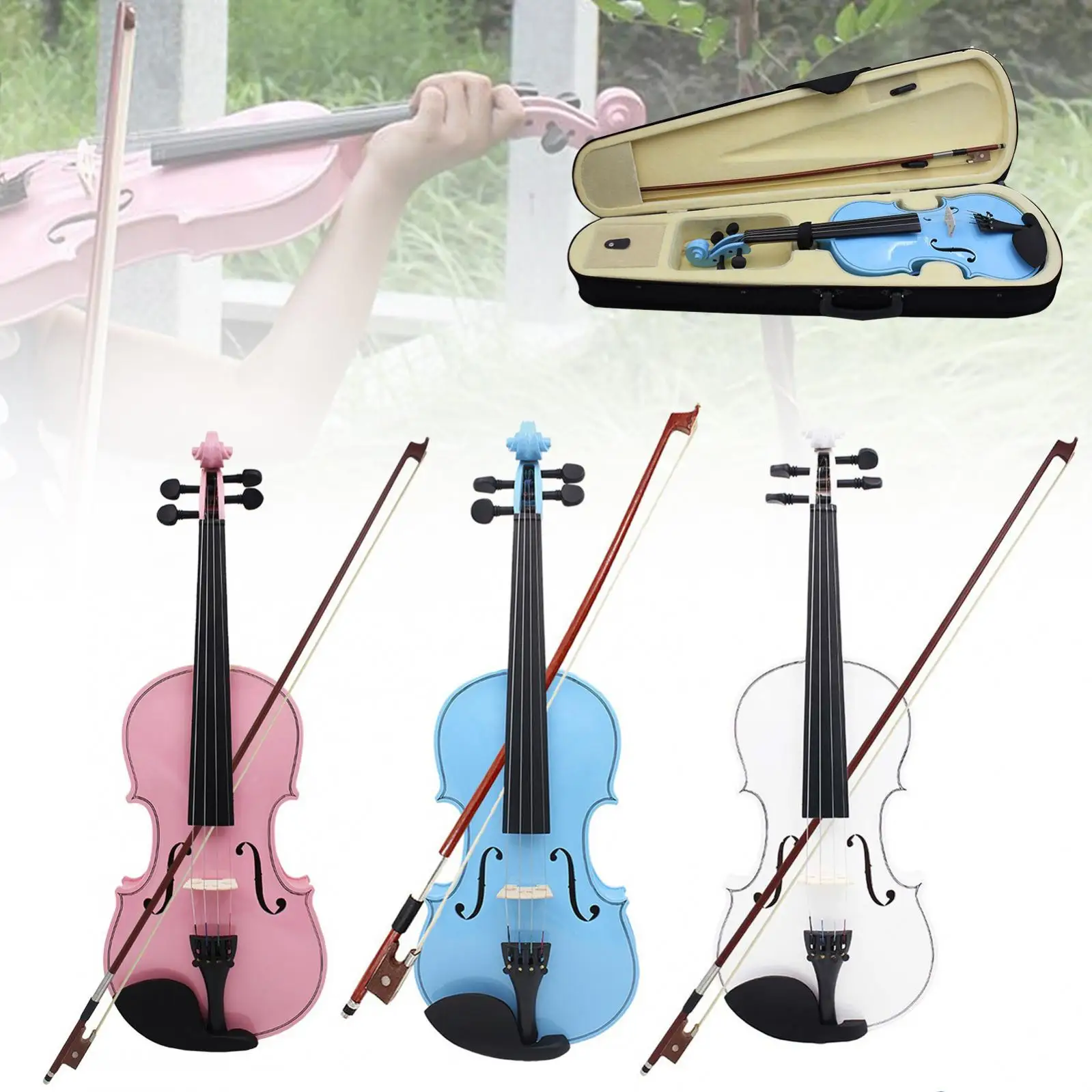 4/4 Full Size Solid Wood Acoustic Violin for Violin Beginner with Bow & Case, White / Blue / Pink Colors Fiddle