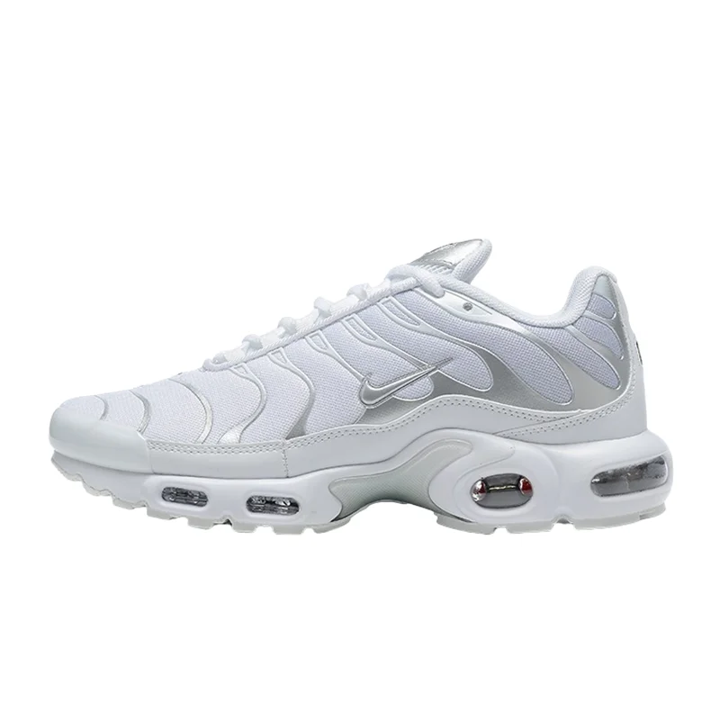 Nike Air Max Plus Classic Shock Absorbent Anti Slip Sports Wear Resistant Low Cut Casual Running Shoes for Men, Silver White