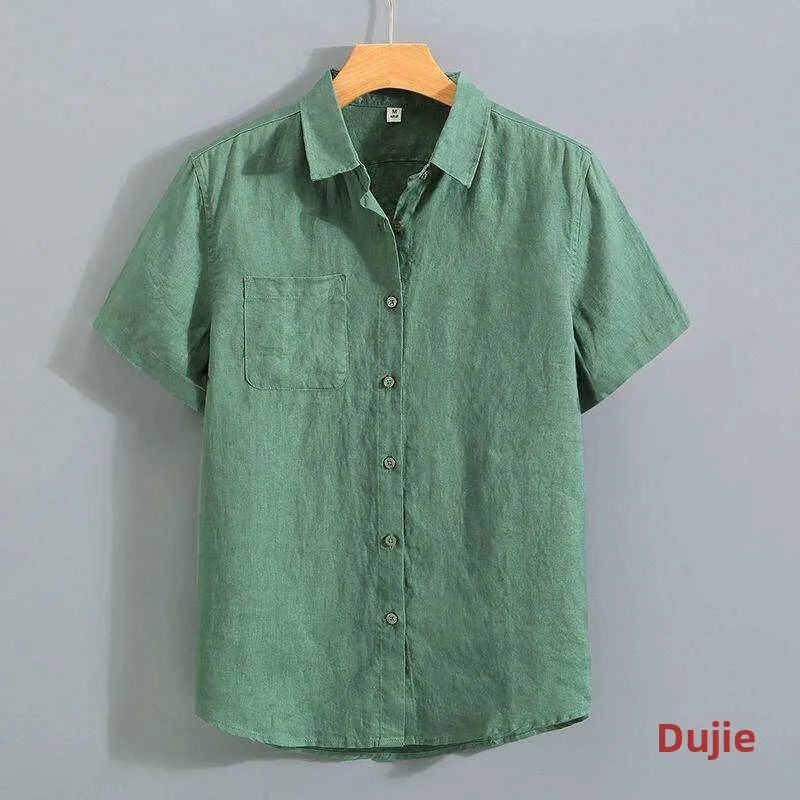 

Summer Cotton Linen Men's Shirt Short Sleeve Thin Loose Linen Material Casual Vintage Style Citywalk Cleanfit Square Collar Top