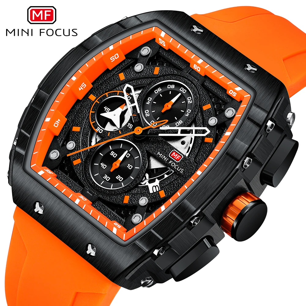 

MINI FOCUS Chronograph Quartz Watch for Men Tonneau Dial Military Sport Wristwatch Male with Orange Silicone Strap Auto Date