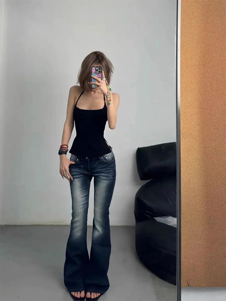 Damskie jeansy bootcut z niskim stanem, ocieplane, na jesień i zimę, proste nogawki, denim, styl amerykański, efekt pamięci kształtu, jednolity kolor.