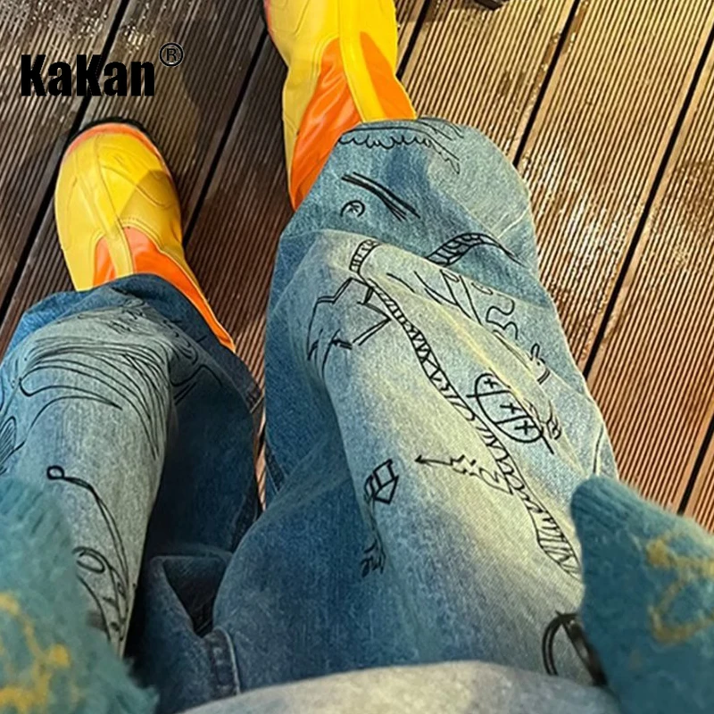 Kakan - New Men's High Street Pique Handsome Jeans, Y2k Men's Pants Personalized Wide Leg Graffiti Long Jeans Jeans Man Brand