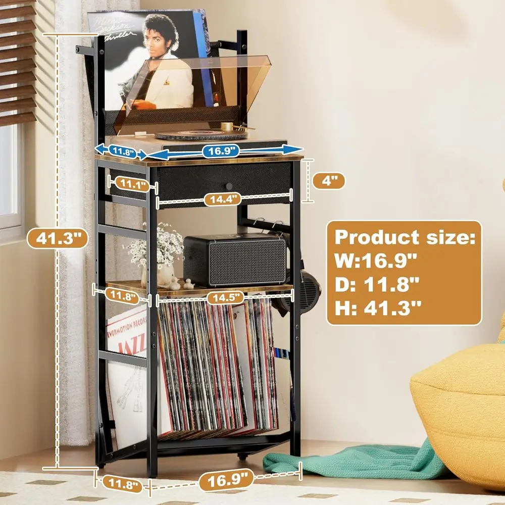 حامل تخزين سجلات الفينيل مع شاشة عرض من 3 طبقات، يحمل 200 ألبومًا، درج متضمن، بني ريفي لمساحات المعيشة #2