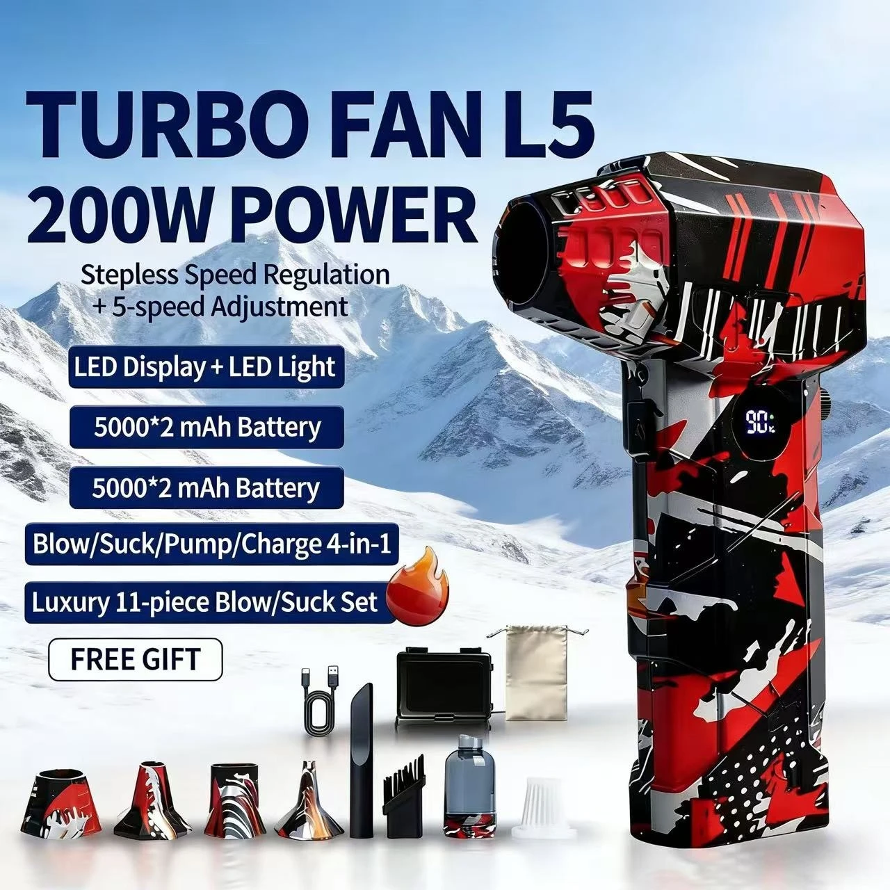 NEW L5 brushless motor fan, 990,000 RPM, fan speed 75 m/s, with LED display, rechargeable,Powerful hair dryer,extensive use.